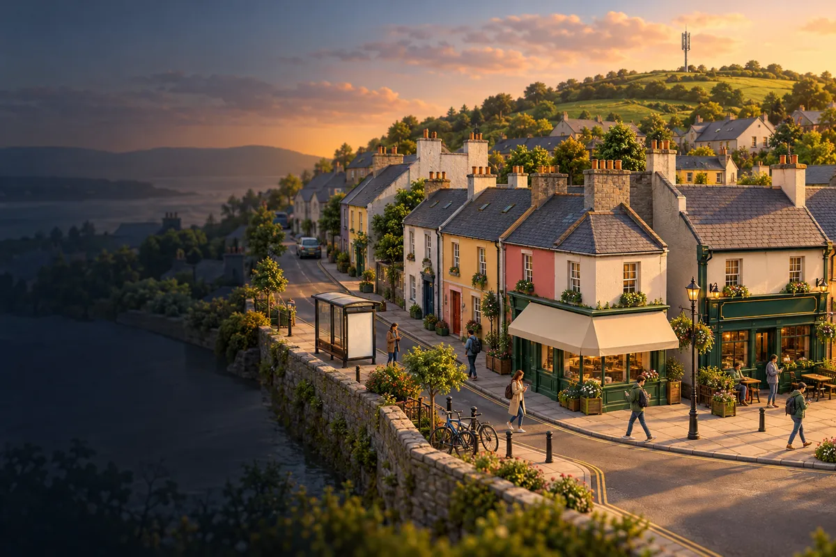 An illustrated Irish town street at golden hour: terraced houses, a café, people walking with phones, and a mobile mast on the hill behind