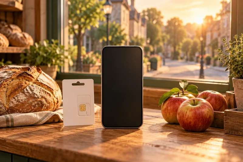 An illustrated smartphone on a sunny shop counter beside a small blank SIM pack, bread and apples